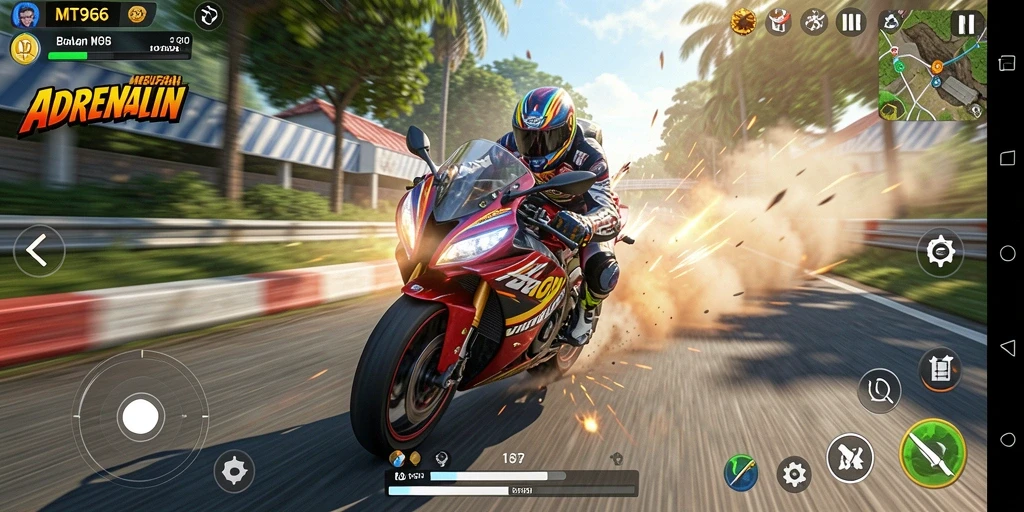 Tampilan gameplay menegangkan di MT966, rasakan kecepatan balapan motor.
