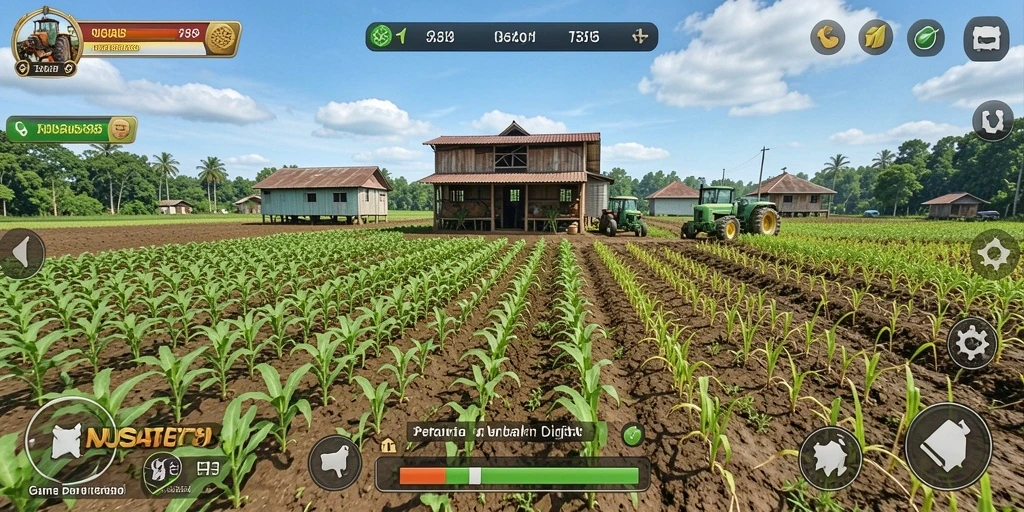 Tampilan gameplay NUSABET88 dengan kebun yang indah dan tanaman beragam.