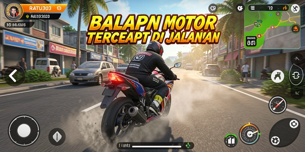 Screenshot utama RATU303 menampilkan aksi balapan motor yang intens dan mendebarkan.