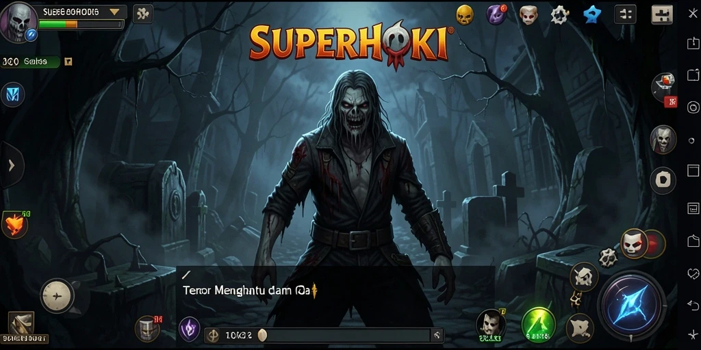 Tampilan gameplay SUPERHOKI dengan suasana menyeramkan dan ketegangan yang tinggi.