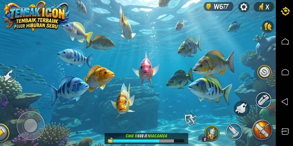 Tampilan gameplay seru W67 dengan ikan berwarna-warni.