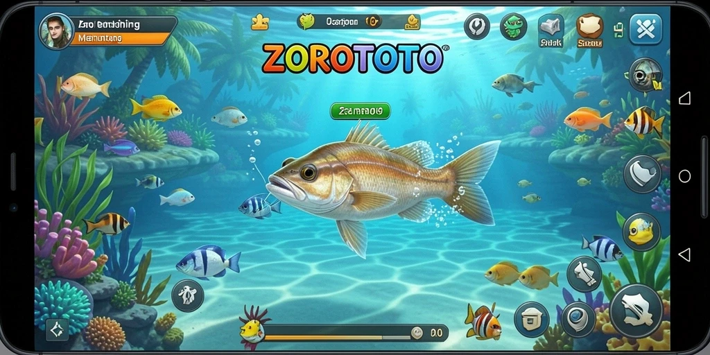 Screenshot ZOROTOTO menampilkan aksi seru memancing di danau yang indah.
